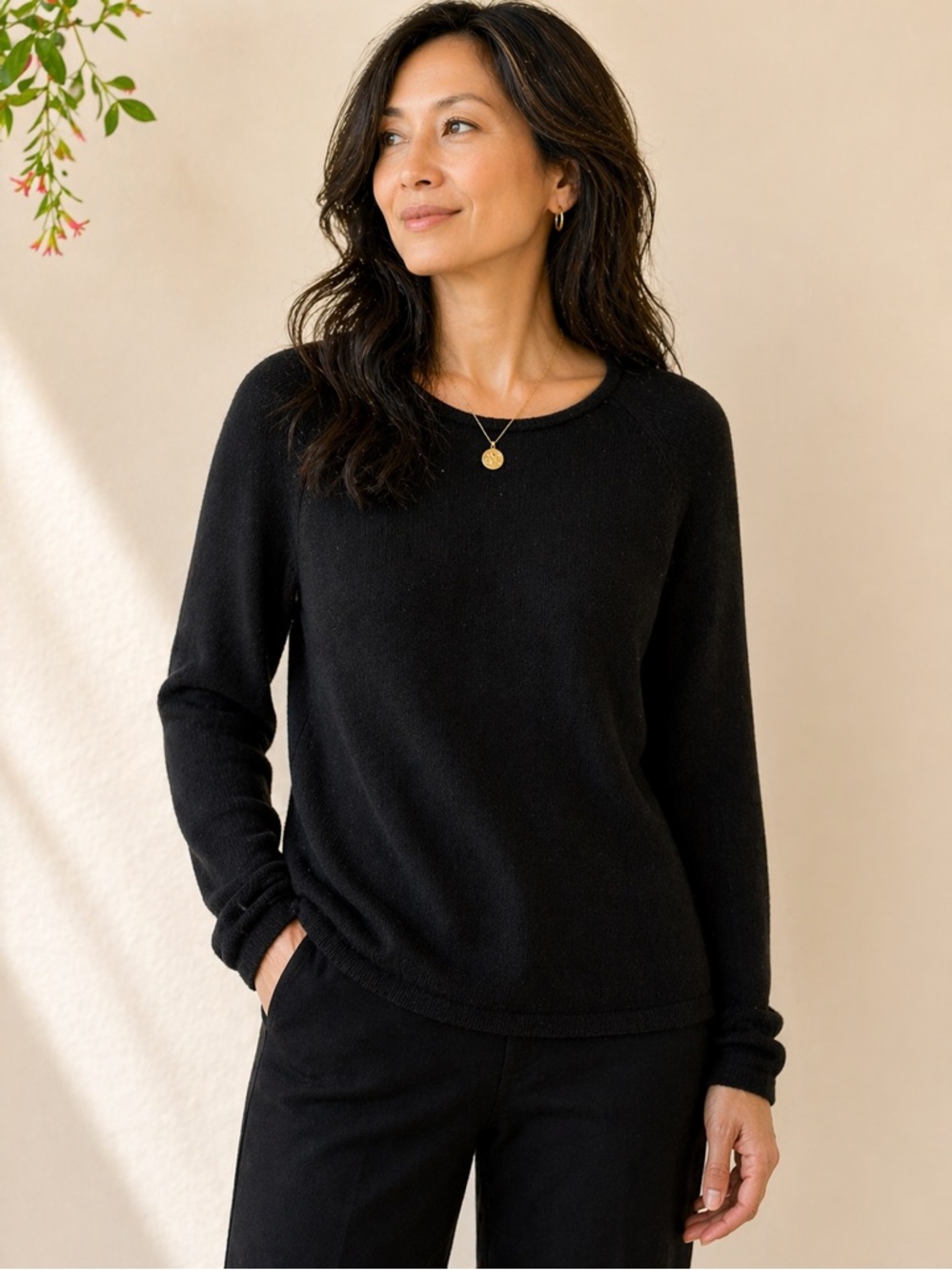 EILEEN FISHER Petite Black Knit Sweater | Organic Cotton Tencel Minimalist Luxe